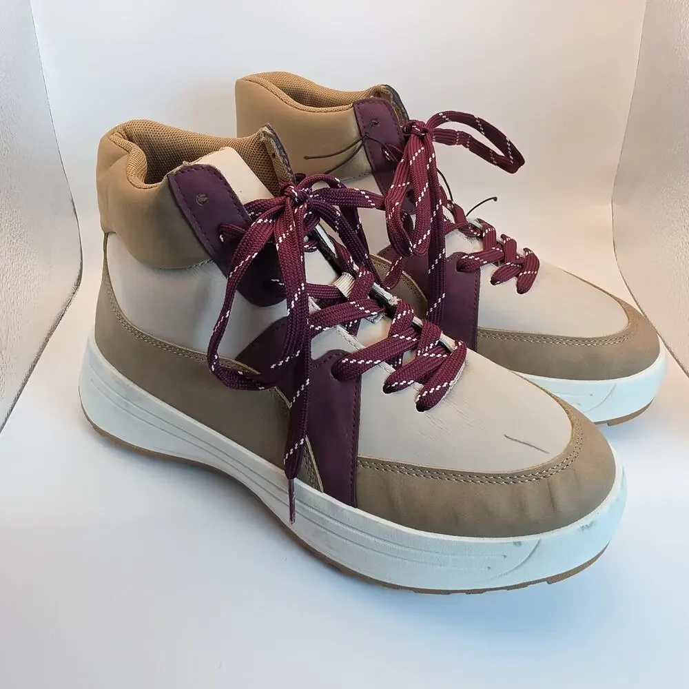 Maurices Women's 9.5 M High Top Sneakers Tan Burgundy Lace Up Casual Shoes
